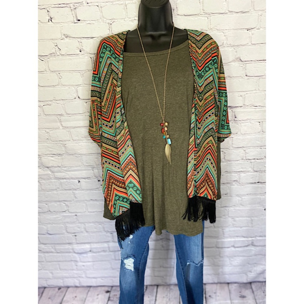 Multi color fringe kimono